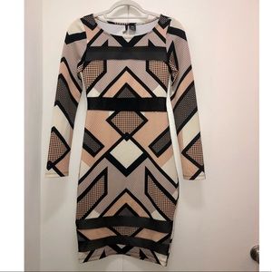 Long sleeved geometric cocktail dress